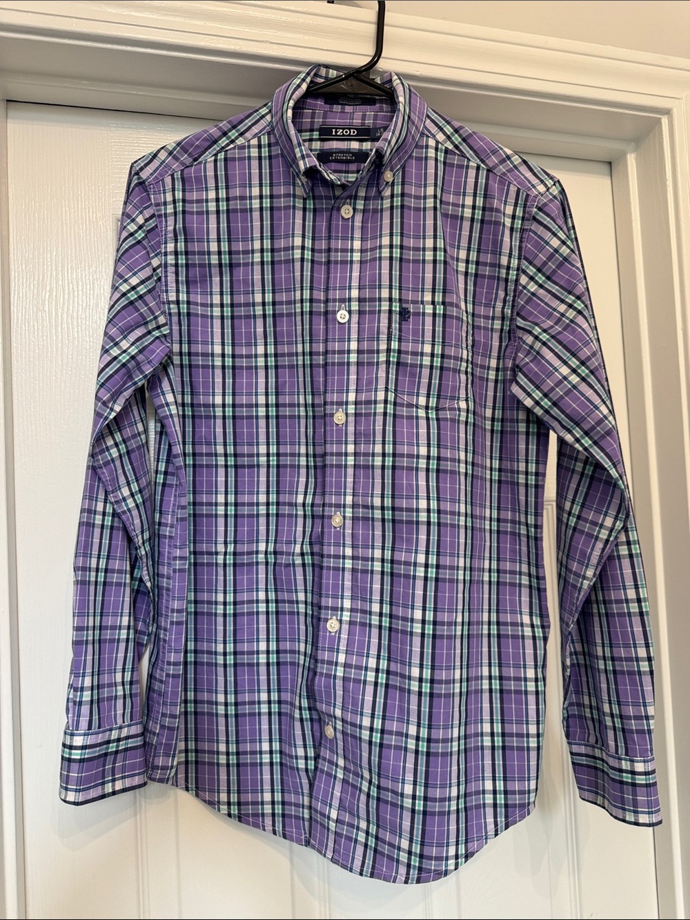 Izod BOYS Purple Plaid Button-Down Shirt with Teal Accents